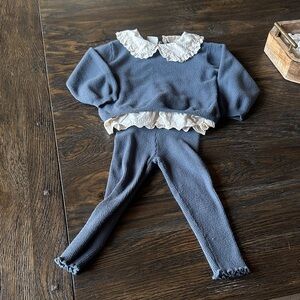 Zara Blue Knit Top and Leggings Set with Cream Lace Collar